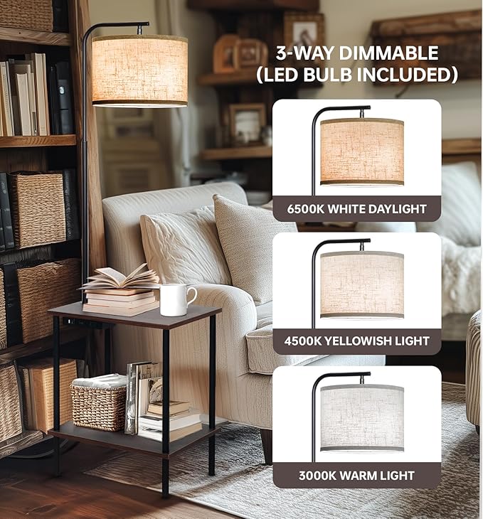 EOEYYOYB Floor Lamp with Table, End Table Lamp with USB Charging Port Power Outlet and Shelves, Side Table Reading Light with 3 Color Temperature Led Bulb Included, Floor Lamps for Living Room, Walnut