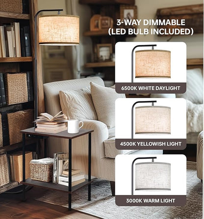 EOEYYOYB Floor Lamp with Table, End Table Lamp with USB Charging Port Power Outlet and Shelves, Side Table Reading Light with 3 Color Temperature Led Bulb Included, Floor Lamps for Living Room, Walnut