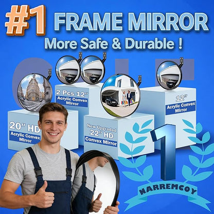 2 Pcs 12” Acrylic Convex Mirror - Adjustable Wide Angle View Security Traffic Mirror Indoor Outdoor, Wall Mounting Corner Blind Spot for Garage Warehouse, School, Store Safety and Office