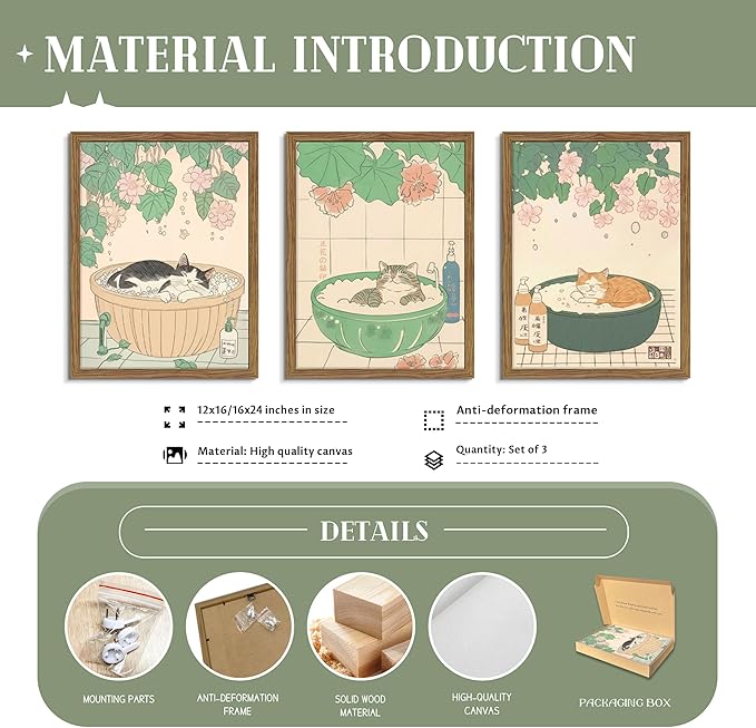 Japanese Cat Bathroom Wall Art Set of 3, Funny Cat in Bathtub Canvas Wall Decor Paintings, Vintage Japandi Cute Animal Aesthetic Poster Prints Pictures for Restroom Bathroom 12x16 Inch Framed