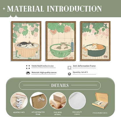 Japanese Cat Bathroom Wall Art Set of 3, Funny Cat in Bathtub Canvas Wall Decor Paintings, Vintage Japandi Cute Animal Aesthetic Poster Prints Pictures for Restroom Bathroom 16x24 Inch Framed