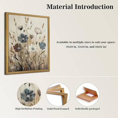 Yaneiro Wood Framed Vintage Wildflower Wall Art, Boho Canvas Wall Decor Paintings, Sage Flower Bathroom Decor, Countryside Farmhouse Landscape Posters Print for Bedroom Hallway Living Room 16x24 Inch