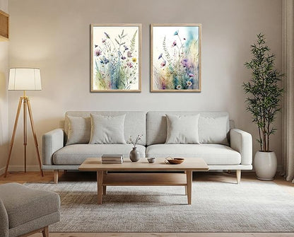 Large Framed Colorful Flowers Bathroom Wall Art Decor, Blue Floral Picture Canvas Print White Daisy Painting Artwork for Bedroom Living Room Office Decoration 16"x24"x2 Panels