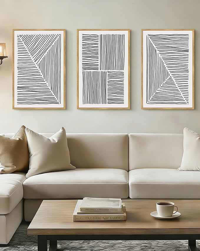 Drsoum Mid-Century Modern Framed Wall Art Large 16x24in Minimalist Abstract Boho Black Line Wall Decor Geometric Artwork Kitchen Dining Room Natural Framed