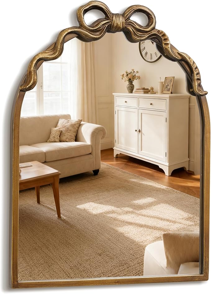 Gold Bow Mirror Vintage Wall Arched Mirror 13x17 Antique Ornate Baroque Mirror Decor with Metal Frame for Entryway Living Room Bedroom Nursery Hallway Fireplace