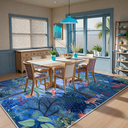 LIVEBOX Washable Jungle Animal Print Rugs 9x12 Blue Rugs for Living Room, Stain Resistant Soft Kids Area Rugs for Bedroom, Non-Skid Modern Dining Room Rug Floor Carpet for Playroom Kids Nursery