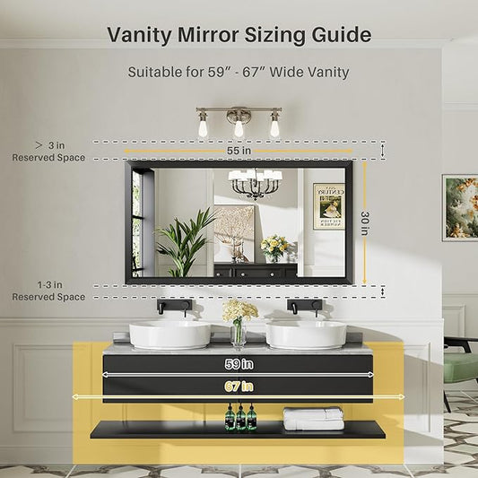 Briivue 55x30 Inch Black Bathroom Mirror for Wall, Thick Metal Framed Rectangle Mirrors for Over Sink, Bedroom, Living Room, Entryway, Anti-Rust, HD Tempered Glass