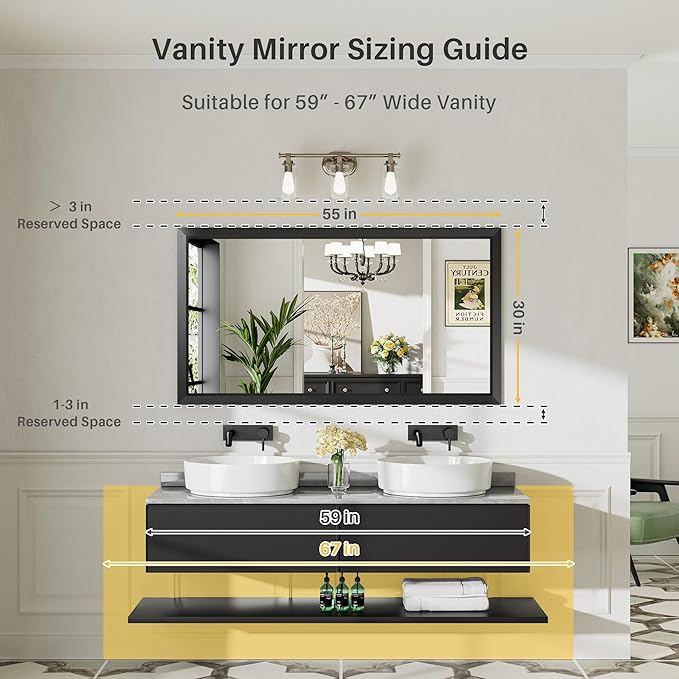 Briivue 55.1x30.1 Inch Black Bathroom Mirror for Wall, Thick Metal Framed Rectangle Mirrors for Over Sink, Bedroom, Living Room, Entryway, Anti-Rust, HD Tempered Glass
