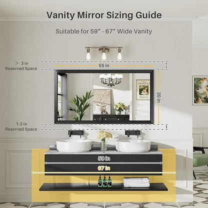 Briivue 55.1x30.1 Inch Black Bathroom Mirror for Wall, Thick Metal Framed Rectangle Mirrors for Over Sink, Bedroom, Living Room, Entryway, Anti-Rust, HD Tempered Glass