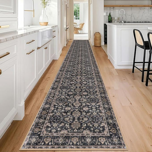 KUTA Extra Long Runner Rug for Hallway 2.6x20ft, Vintage Washable Kitchen Rugs, Brown Non-Slip Stair Runners Indoor Soft Printed Floral Carpet for Bedroom Living Room Nursery