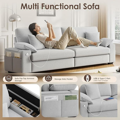 88.58" Modern Loveseat Couches for Living Room, Comfy Sofa with Deep Seat Couch, USB/Type-C Port, Side Storage, Removable Cover, Couches for Living Room Apartment, Light Grey