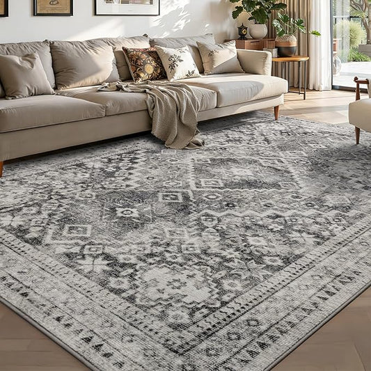 YOH Boho Washable Rug 5x7, Taupe Gray Vintage Non Slip Area Rug, Distressed Indoor Carpet for Living Room Bedroom Kitchen Office