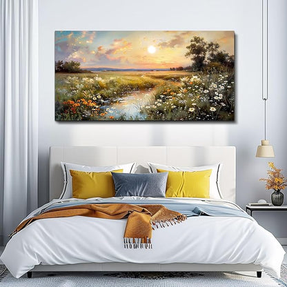 hyidecorart Vintage Farmhouse Wildflower Wall Paintings Canvas Wall Art for Living Room Wall Decor for Bedroom Office Decorations Nature Landscape Picture Artwork Aesthetic Home Decor Ready To Hang