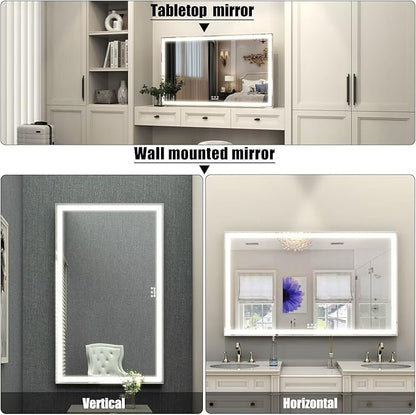 ANYHI Extra Large Vanity Mirror with LED Light, 40"x24.3" Big Size Lighted Vanity Mirror with 10X Magnifying, Tabletop/Wall Mounted, 3 Color Modes, Silver
