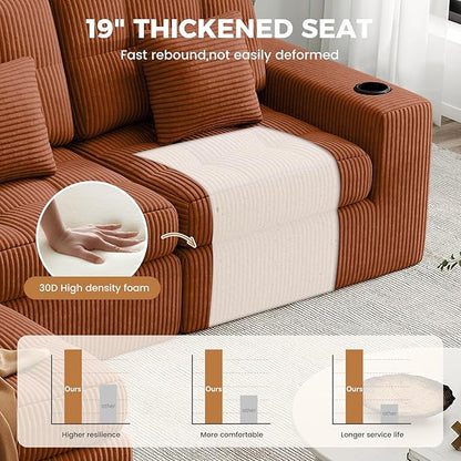 144" U Shaped Cloud Boneless Couch,Modern Modular Sectional Sofa with Layered Cushion,No Assembly Convertible Corduroy Couches for Living Room,Caramel 1 PCS
