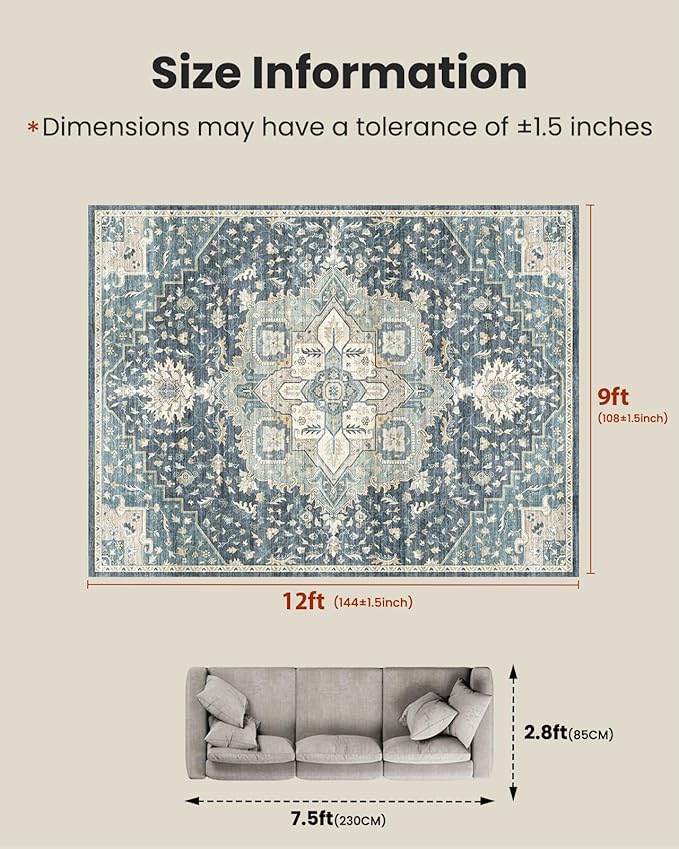 AMADA HOMEFURNISHING 9x12 Washable Area Rug, Low-Profile Large Area Rug with Non-Slip Backing & Durable Edge Binding, Vintage Large Rugs for Living Room, Bedroom & Dining Room