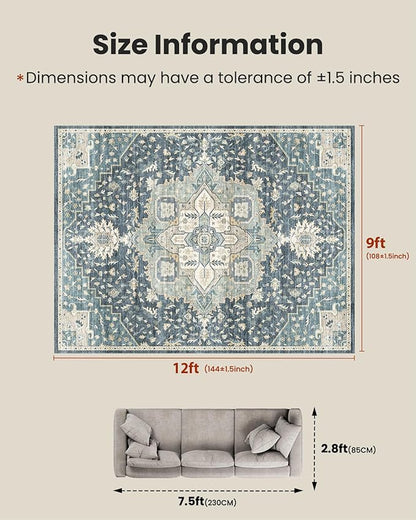 AMADA HOMEFURNISHING 9x12 Washable Area Rug, Low-Profile Large Area Rug with Non-Slip Backing & Durable Edge Binding, Vintage Large Rugs for Living Room, Bedroom & Dining Room