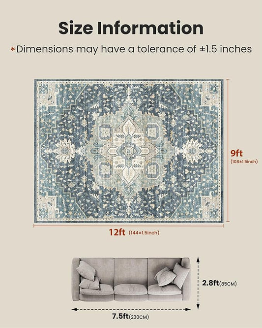 AMADA HOMEFURNISHING 9x12 Washable Area Rug, Low-Profile Large Area Rug with Non-Slip Backing & Durable Edge Binding, Vintage Large Rugs for Living Room, Bedroom & Dining Room