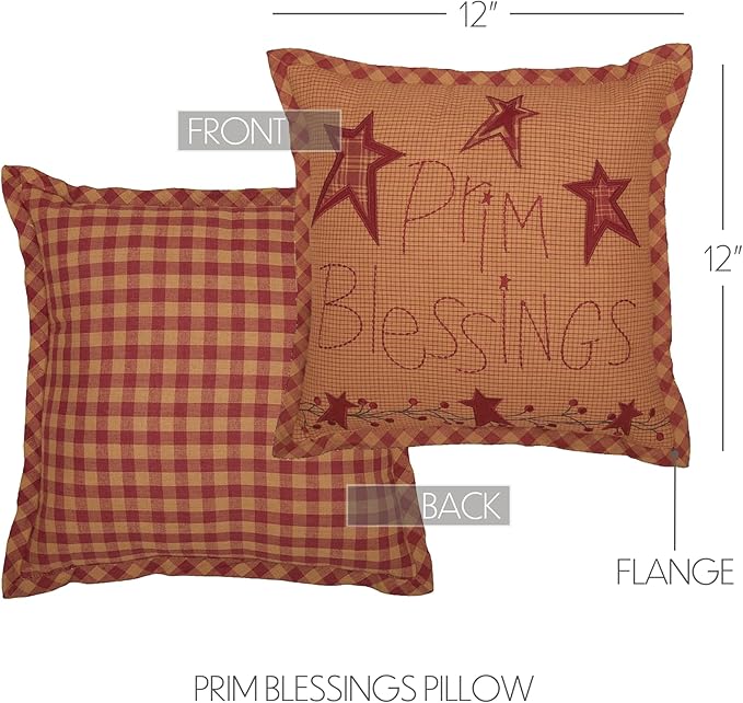 VHC Brands Ninepatch Star Prim Blessings Pillow 12x12 Country Bedding Accessory, Burgundy