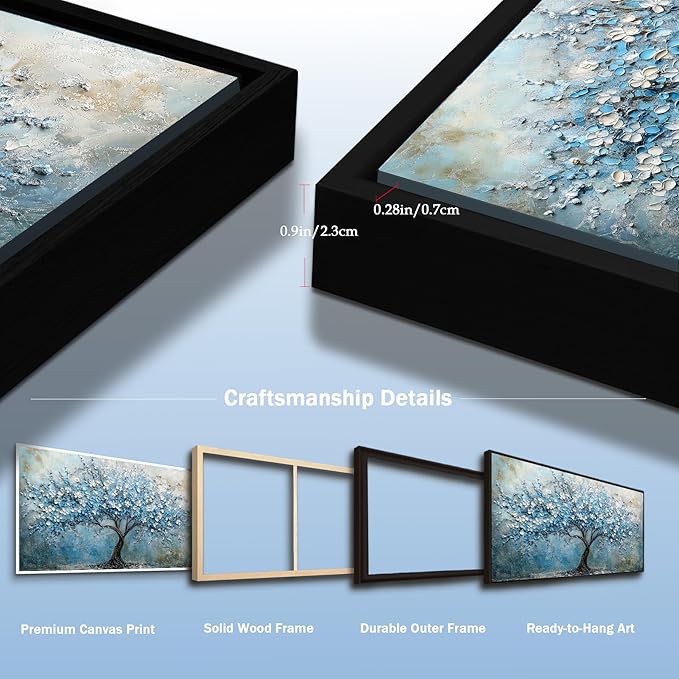 crmotu Tree of Life Wall Art, Large Wall Decor Living Room, Black Framed Wall Art, Cherry Blossom Tree Painting Prints, Modern Japanese Aesthetic Artwork, Blue Big Pictures for Office Hotel 32"x71"