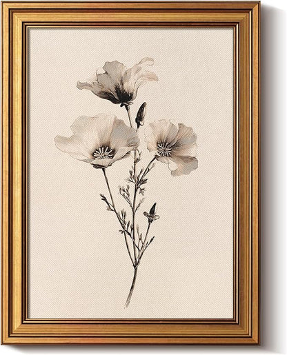 Bzstyleart Vintage Wall Art Decor for Living Room, Canvas Framed Flower Wall Art, Sketch Poppy Flower Picture Painting, Vintage Room Decor Aesthetic for Bedroom Kitchen, California, 12L x 16W