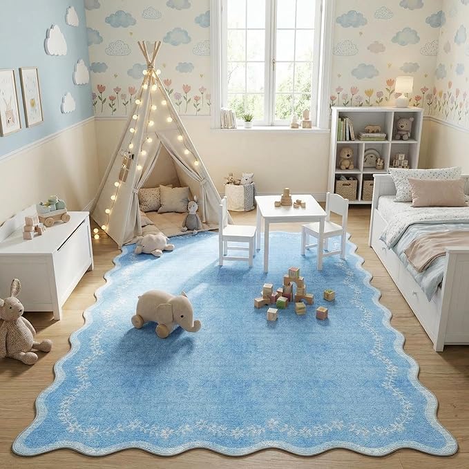 GarveeHome 5x7 Scalloped Area Rug Blue Washable Rugs for Living Room Bedroom, Soft Low Pile Non Slip Accent Floor Mat Solid Floral Print Throw Rug Indoor Carpet for Dorm Playroom