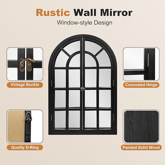 TRAHOME Arched Windowpane Mirror, 26"x38" Black Wood Frame Rustic Farmhouse Wall Mirror, Vintage Decorative Window Mirror for Living Room, Entryway, Bathroom