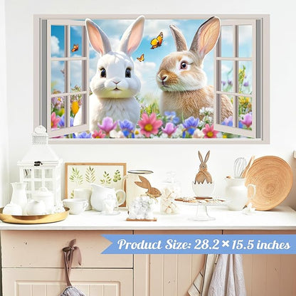 Easter Decoration Stickers for Wall Cute Bunny Vinyl Decals Peel and Stick 3D Fake Window Spring Wall Sticker Natural Landscape Walls Decal Flowers Rabbit Art Murals for Living Room Nusery Decor