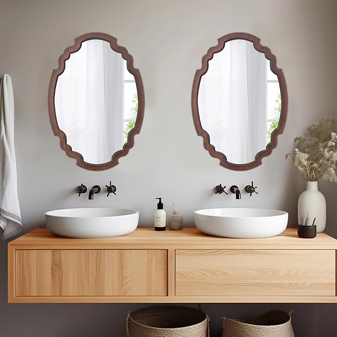 Hanging Farmhouse Oval Mirrors for Wall Decor 16 X 22 Inch, Handmade Burning Finished Oval Bathroom Mirrors for Over Sink, Rustic Wood Mirror for Entryway, Horizontal or Vertical