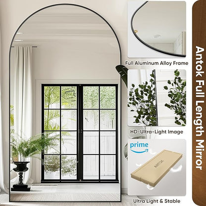 Antok Oversized Full Length Mirror with Stand, 91"x46" Arched Floor Mirror, Aluminum Frame, Wall Mounted/Leaning/Free Standing, Large Body Mirror for Bedroom Living Room Entryway Dressing Room,Black