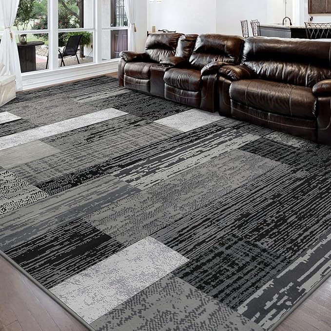 FlyDOIT Modern Geometric Patchwork Area Rug, 7x10 Grey Large Rugs for Living Room, Rockwood Collection Indoor Rugs for Bedroom, Throw Carpet Floor Decor for Entryway Dining Room Office Nursery