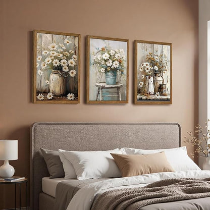 DUWQU 3 Piece Framed Elegant Farmhouse Canvas Wall Art, Vintage Floral Pictures Wall Decor, Nature Themed Daisy Art Prints for Living Room Bedroom Kitchen and Office Ready to Hang 12×16 Inches