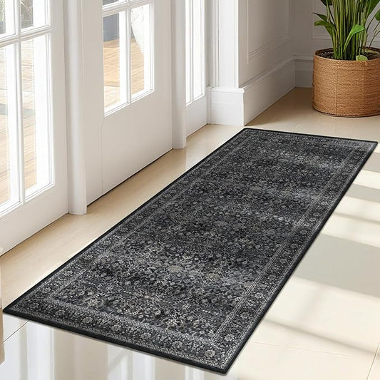 Vintage Dark 2x5 Rug Runners for Hallways, Non Slip Machine Washable Kitchen Runner, Low Pile Lightweight Carpet Runner for Entryway/Bathroom/Corridor/Laundry Room, Midnight