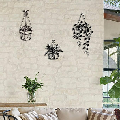 Vineland Metal Wall Art for Bathroom, Set of 3 Botanical Plant Designs, Minimalist Modern Boho Hanging for Home Outdoor Decor (Black)
