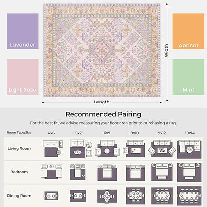 Kokia 9x12 Area Rugs for Living Room, Stain Resistant Machine Washable Rug, Non Slip Backing Boho Rugs for Bedroom, Printed Soft Vintage Carpet Lilac Lavender Purple 9 x 12