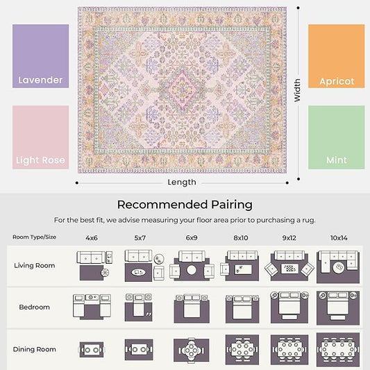 8x10 Area Rugs for Living Room, Machine Washable Low Pile Rug, Non Slip Backing Boho Rugs for Bedroom, Printed Soft Vintage Carpet Lilac Lavender Purple 8 x 10