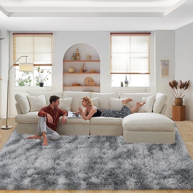 Area Rugs 9x12 Living Room, Ultra Soft Shaggy Fluffy Rug for Bedroom, Upgrade Non-Slip Fuzzy High Pile Plush Large Rugs for Nursery Boys Girls Kids Room Modern Indoor Home Decor, Tie-Dye Silver Grey