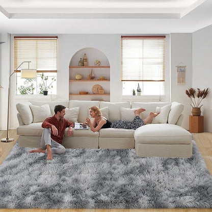 Area Rugs 9x12 Living Room, Ultra Soft Shaggy Fluffy Rug for Bedroom, Upgrade Non-Slip Fuzzy High Pile Plush Large Rugs for Nursery Boys Girls Kids Room Modern Indoor Home Decor, Tie-Dye Silver Grey