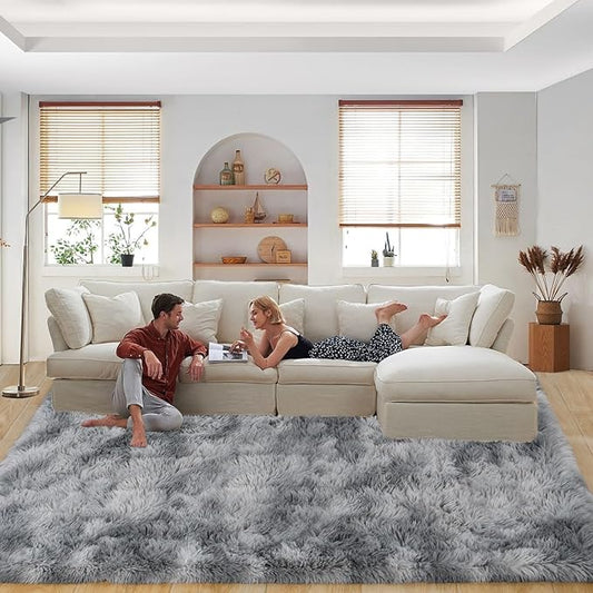 Area Rugs 9x12 Living Room, Ultra Soft Shaggy Fluffy Rug for Bedroom, Upgrade Non-Slip Fuzzy High Pile Plush Large Rugs for Nursery Boys Girls Kids Room Modern Indoor Home Decor, Tie-Dye Silver Grey