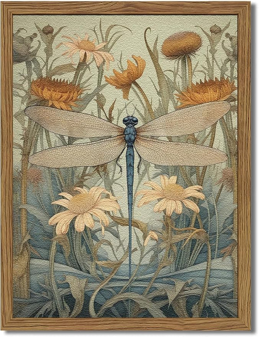 Framed Vintage 3D Textured Wall Art Green Dragonfly Flowers Wall Decor Hand Drawn Sandstone Nature Botanical Pictures for Living Room Bedroom 12x16 inch