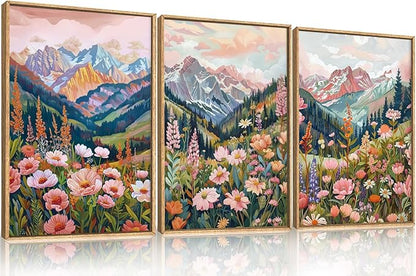 Aryroi Boho Vibrant Spring Mountain Wildflower Framed Canvas Wall Art Set,Colorful Natural Flower Forest Wall Decor,Modern Pink Floral Botanical Landscape Artwork for Living Room,Office,Farmhouse- 24"x36"x3