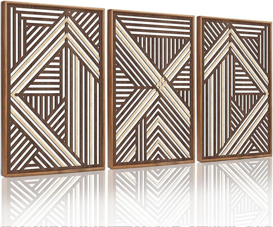 CHDITB Boho Geometric Wood Wall Art(Set of 3, 16"x24"), Large Modern Wooden Panel Hollow Line Art Decor, Rustic Abstract Minimalist Wall Hanging Artwork for Bedroom Living Room Office