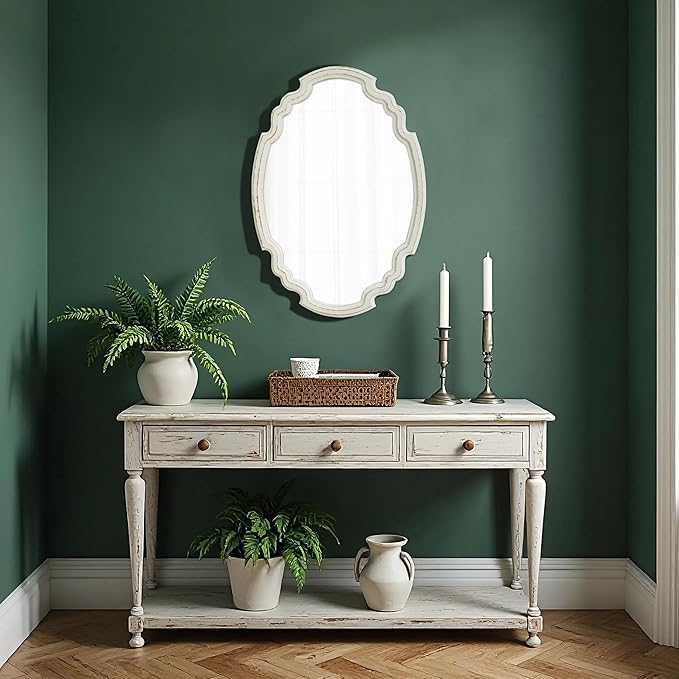 Vintage Sculpted Oval Mirrors for Wall Decor Living Room 16 x 23 inch, Hanging Distressed White Ornate Accent Wood Farmhouse Mirror, Rustic Wall Mounted Mirrors for Small Bathroom Entryway