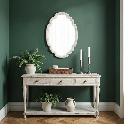 Vintage Sculpted Oval Mirrors for Wall Decor Living Room 16 x 23 inch, Hanging Distressed White Ornate Accent Wood Farmhouse Mirror, Rustic Wall Mounted Mirrors for Small Bathroom Entryway