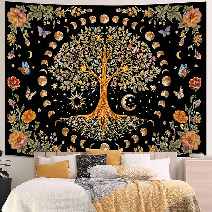Lunerfex Tree of Life Wall Tapestry - Celestial Moon Phase & Sun Wall Hanging for Bedroom and Living Room Decor - Boho Spiritual Tapestries 80"x60"