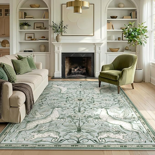 Lahome 6x9 Washable Deer Rug, Dorval Boho Botanical Cottage Area Rug, Non Slip Low Pile Soft Light Green Carpet for Living Room Dining Room Bedroom Kitchen Nursery Decor