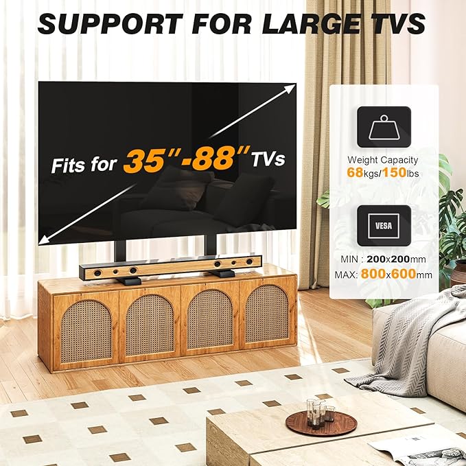 5Rcom Table Top TV Stand, Universal TV Stand for 35-88 Inch with Height Adjustment, TV Mount Stand Up to 150lbs for Curved Flat TVs with Cable Management, Black
