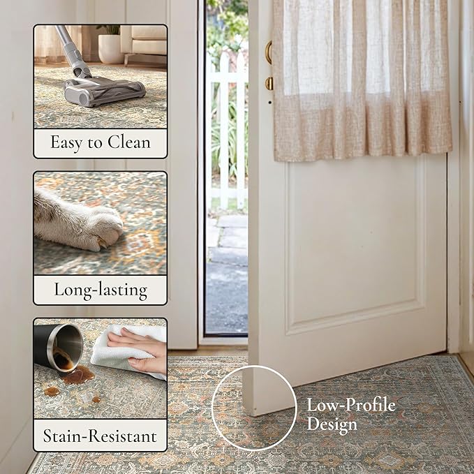 GENIMO 8x10 Area Rugs for Living Room, Machine Washable Non Slip Vintage Rugs, Low Pile Lightweight Chenille Print Rug for Bedroom, Dining Room, Home Office, Turmeric