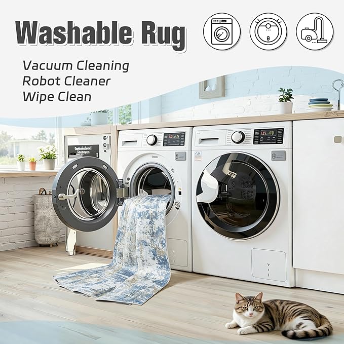 Area Rug 5x7 Living Room Rug Washable: No-Slip Abstract Soft Thin Large Blue White Gold-Beige Rugs, Indoor Floor Stain Resistant Modern Carpet for Bedroom Dining Room Farmhouse Nursery Home Office