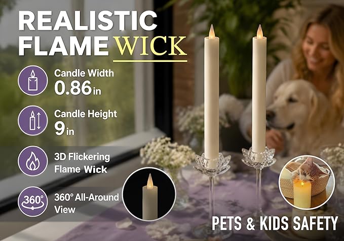 Flameless Taper Candles Flickering with Remote and Timer, 3D Moving Flame Taper Candle Battery Operated to 400 Hours, 9 Inch Window Candles, (Ivory)